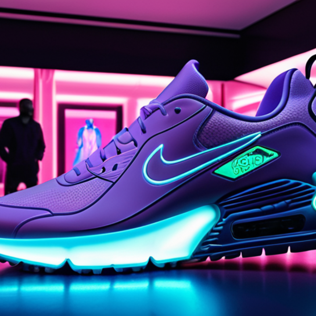 **Image of a rare, limited-edition digital sneaker NFT displayed prominently in a sleek, modern digital art gallery. The sneaker has a futuristic design with glowing elements. In the background, blurred figures admire the NFT, highlighting the exclusivity and hype surrounding digital collectibles. Use a vibrant color palette with an emphasis on neon lights and metallic textures.**