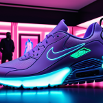 **Image of a rare, limited-edition digital sneaker NFT displayed prominently in a sleek, modern digital art gallery. The sneaker has a futuristic design with glowing elements. In the background, blurred figures admire the NFT, highlighting the exclusivity and hype surrounding digital collectibles. Use a vibrant color palette with an emphasis on neon lights and metallic textures.**