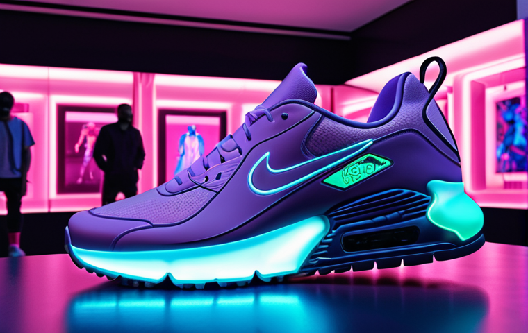 **Image of a rare, limited-edition digital sneaker NFT displayed prominently in a sleek, modern digital art gallery. The sneaker has a futuristic design with glowing elements. In the background, blurred figures admire the NFT, highlighting the exclusivity and hype surrounding digital collectibles. Use a vibrant color palette with an emphasis on neon lights and metallic textures.**