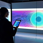 A professional, diverse woman in a modest business casual outfit, standing in a contemporary art gallery. On a large, illuminated screen, a vibrant, unique digital artwork is displayed, with subtle glowing lines representing blockchain technology extending behind it. She is thoughtfully observing the artwork, perhaps holding a sleek tablet. The atmosphere is sophisticated and innovative, highlighting the concept of digital scarcity and authenticity. fully clothed, appropriate attire, safe for work, perfect anatomy, correct proportions, natural pose, well-formed hands, proper finger count, natural body proportions, professional photography, high quality, family-friendly.