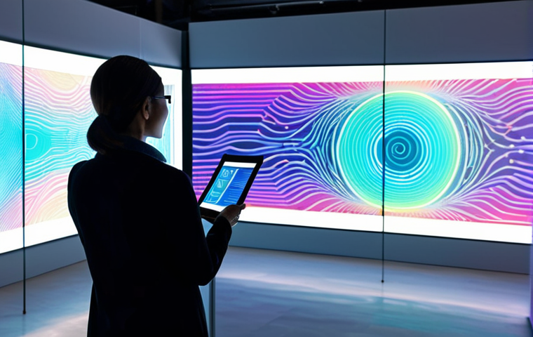 A professional, diverse woman in a modest business casual outfit, standing in a contemporary art gallery. On a large, illuminated screen, a vibrant, unique digital artwork is displayed, with subtle glowing lines representing blockchain technology extending behind it. She is thoughtfully observing the artwork, perhaps holding a sleek tablet. The atmosphere is sophisticated and innovative, highlighting the concept of digital scarcity and authenticity. fully clothed, appropriate attire, safe for work, perfect anatomy, correct proportions, natural pose, well-formed hands, proper finger count, natural body proportions, professional photography, high quality, family-friendly.