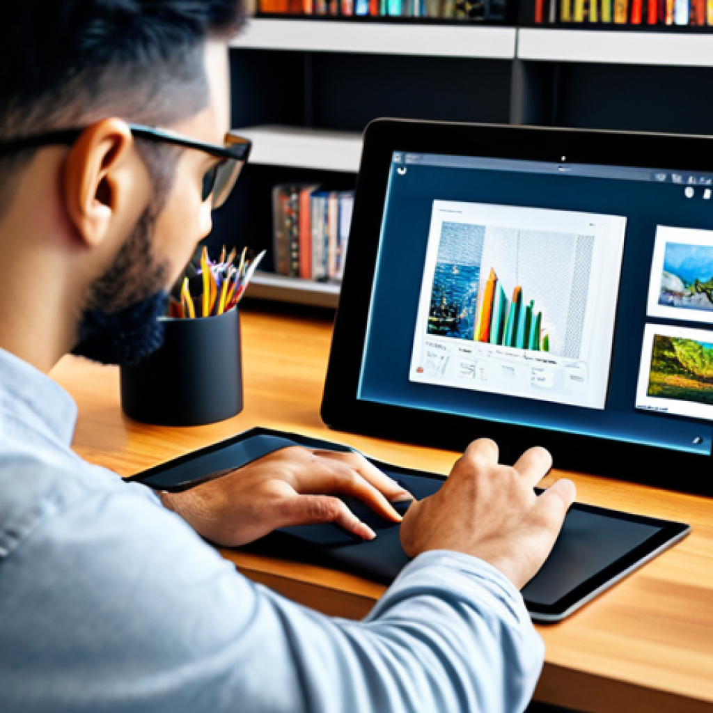 Digital Creator at Work**
"A professional digital artist working on a tablet in a bright, modern studio. Fully clothed in casual, comfortable attire. Focus on the artist's hands and the digital artwork displayed on the screen. Background includes bookshelves and art supplies. Safe for work, appropriate content, perfect anatomy, natural pose, professional, high quality."
**