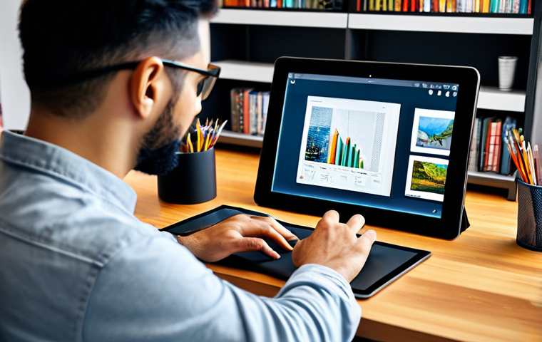 Digital Creator at Work**
"A professional digital artist working on a tablet in a bright, modern studio. Fully clothed in casual, comfortable attire. Focus on the artist's hands and the digital artwork displayed on the screen. Background includes bookshelves and art supplies. Safe for work, appropriate content, perfect anatomy, natural pose, professional, high quality."
**