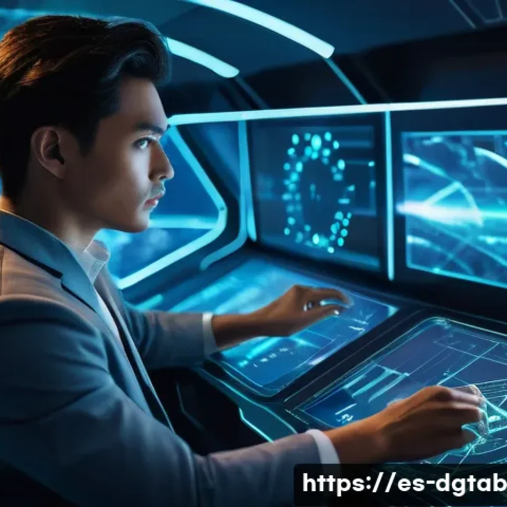디지털 자산 가치의 비교 분석 - A focused young adult, dressed in smart casual attire, stands at the helm of a futuristic digital sh...