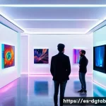 Home 21 디지털 아트의 희소성 가치 분석 - A futuristic digital art gallery set in a sleek, modern space in Madrid, showcasing limited edition ...