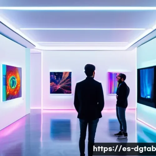 Home 33 디지털 아트의 희소성 가치 분석 - A futuristic digital art gallery set in a sleek, modern space in Madrid, showcasing limited edition ...