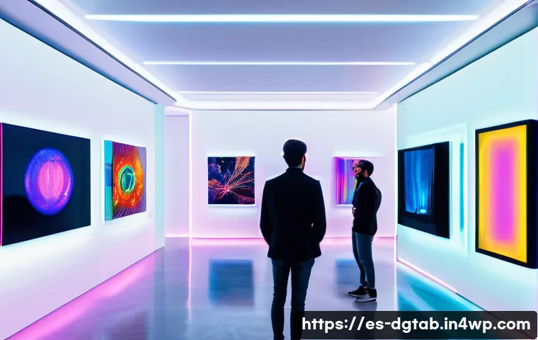 디지털 아트의 희소성 가치 분석 - A futuristic digital art gallery set in a sleek, modern space in Madrid, showcasing limited edition ...