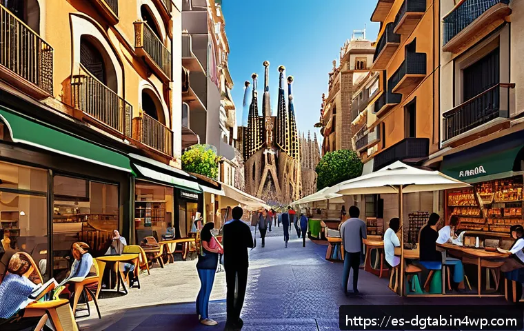 디지털 희소성의 과거와 미래 - A detailed digital artwork of a bustling urban environment in Spain, showing diverse people using va...