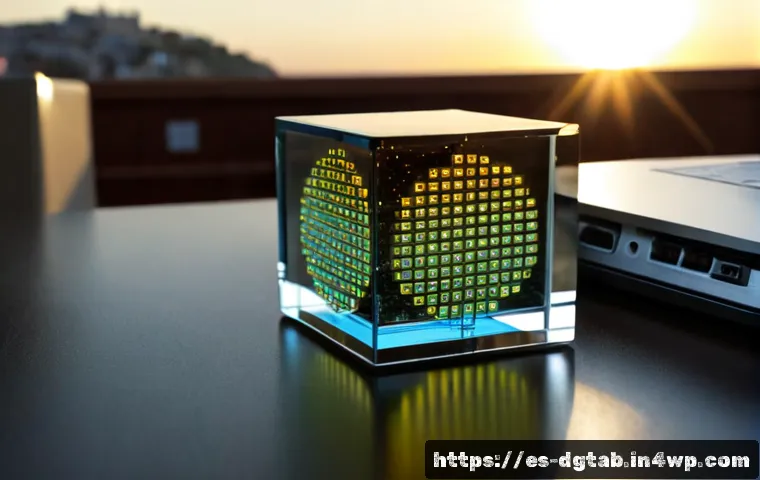 Home 17 NFT와 디지털 희소성의 관계 - Photorealistic close-up of a single luminous digital art token displayed inside a transparent glass ...